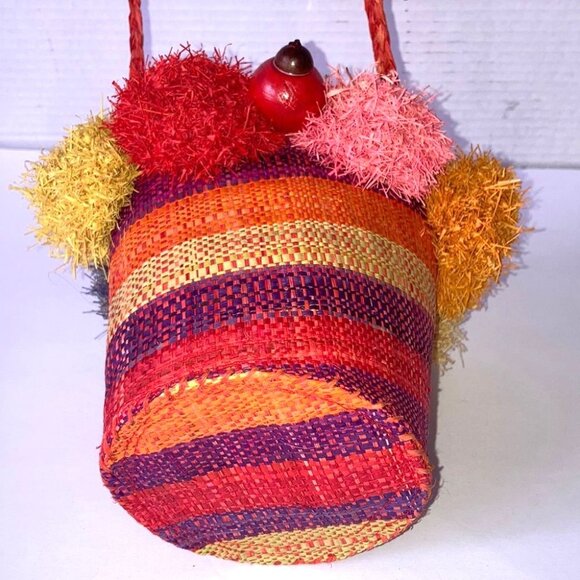 POM POM Mini Crossbody Straw Bucket Back Colorful Fun 5.75 x  5 inches - Picture 2 of 10